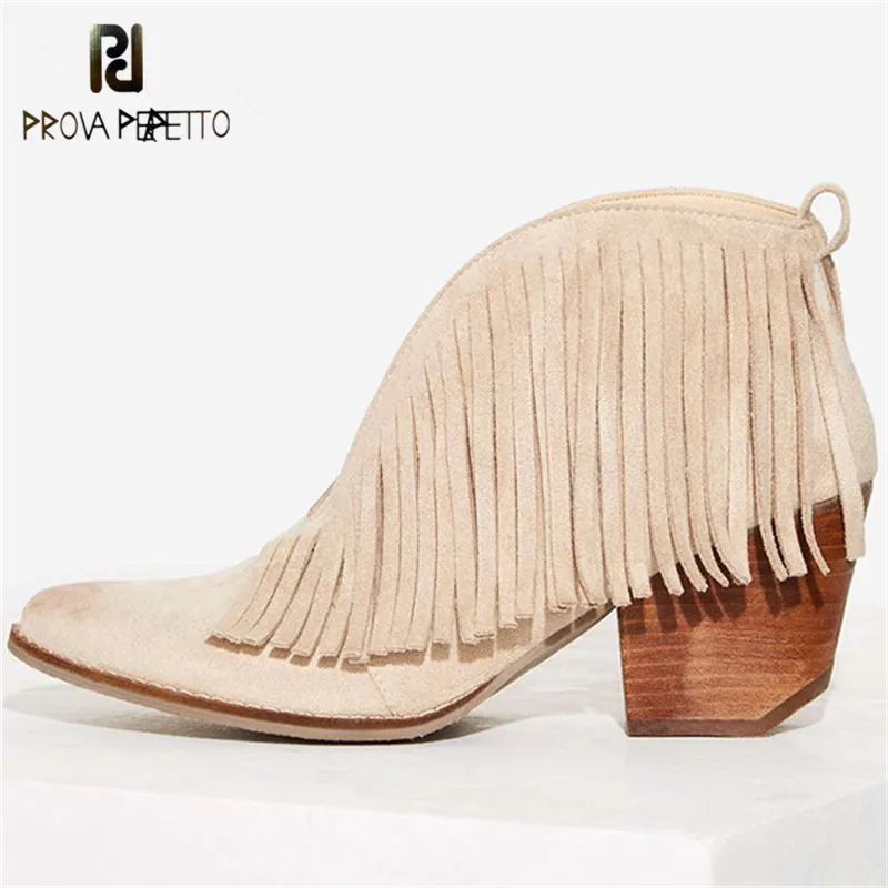 Prova Perfetto Sexy Front V Open Women Ankle Boots Pointed Toe Slip On Tassels Women Pumps