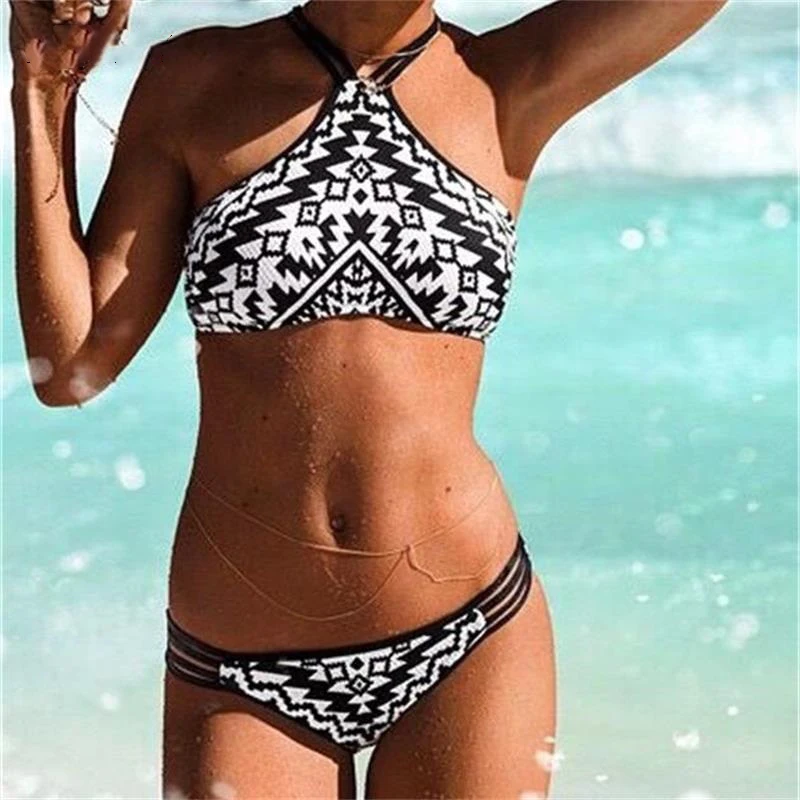 

2017 women swimwear summer new push up Halter top swiming lattice printing bathing bikinis set suit sexy two pieces swimsuit