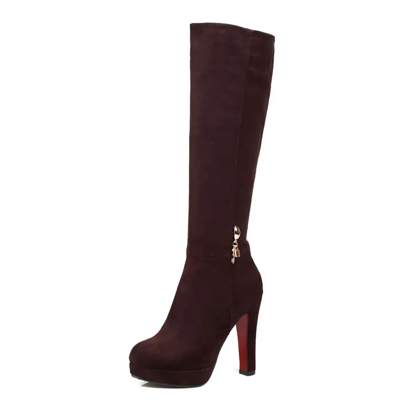 Fanyuan/модные осенне-зимние женские ботинки пикантные женские Стразы на молнии; сапоги до колена из флока; толстый высокий каблук обуви - Цвет: brown with flock