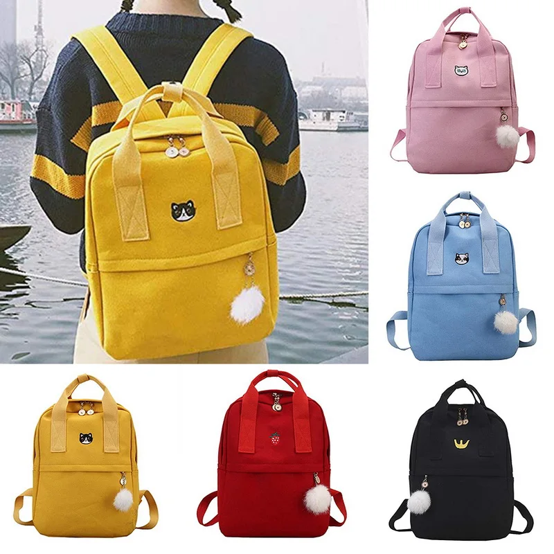 

SHUJIN Canvas Student Backpack School Bag With Hairball Satchel Cute Embroidery Pack College Wind Shoulder Bag Embroidery Pack