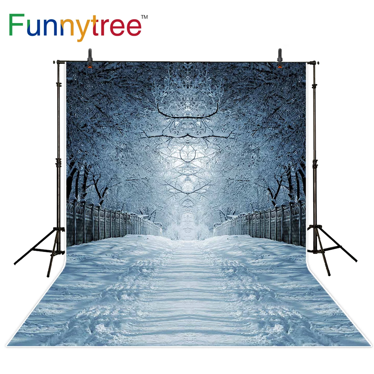 

Funnytree photography backdrops Winter forest road snow stone wall season mystery sunrays harmonious background photoshoot