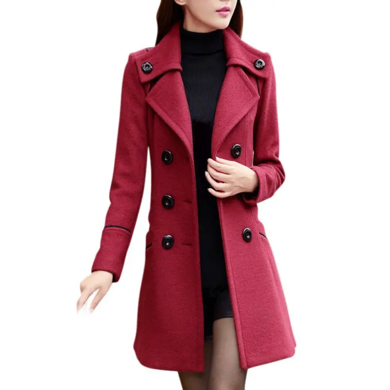 Зимнее шерстяное пальто для женщин, двубортное пальто с отложным воротником, тонкая верхняя одежда, Женский Тренч - Цвет: Trench