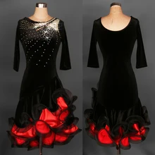 Бархатные Цветочные костюмы для латинских танцев, Современные платья для танцев, стразы, красный/черный цвет, платье для соревнований, Чача/Танго/Самба/Румба