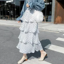FYYIYI весна лето плиссированный Женская юбка высокая талия шифоновая волнистая в горошек гофрированная юбка многослойная торт точка юбка хлопок