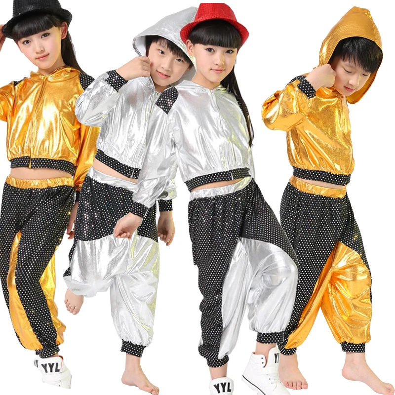 Танцевальный Костюм золотого и серебряного цвета для девочек и мальчиков; танцевальный костюм в стиле джаз и хип-хоп; одежда для детей; рубашка с капюшоном; Топ и штаны; Одежда для танцев