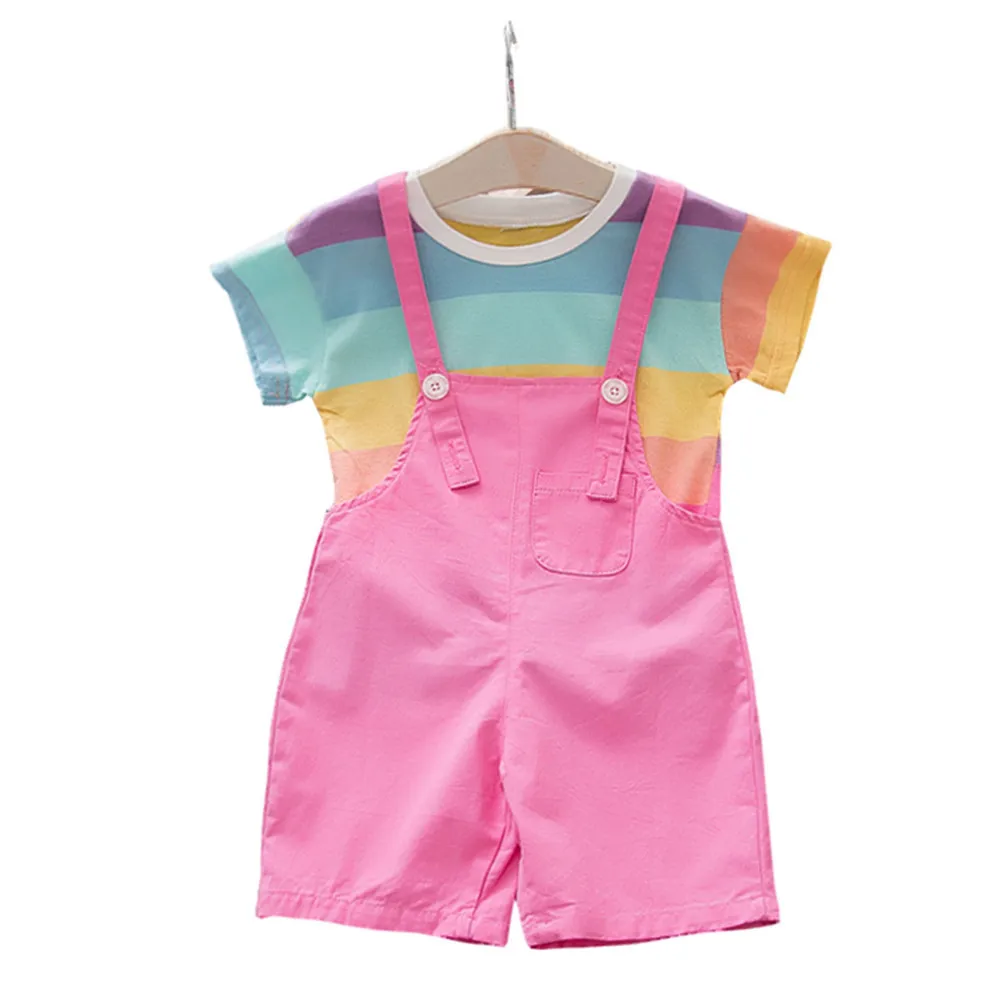 

2pcs Summer Newborn Baby Girl Clothes Rainbow stripe Tops With Bib Pants Back With Wings Cute Girls Set Bebe Set For 0-4 Year