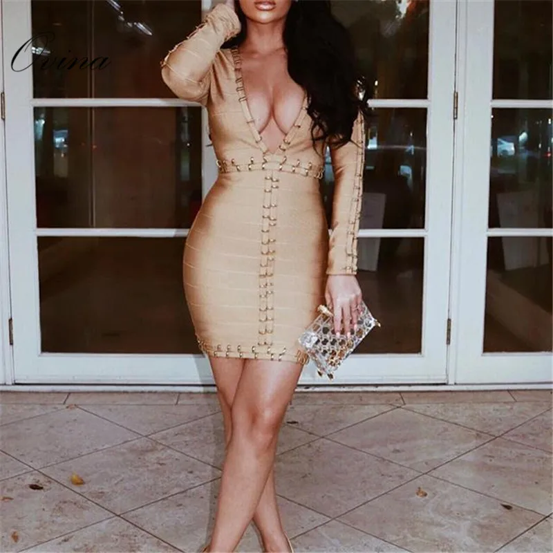 

Fashion Women Dress Deep V Neck Long Sleeve Loop Mini Bodycon Bandage Dress