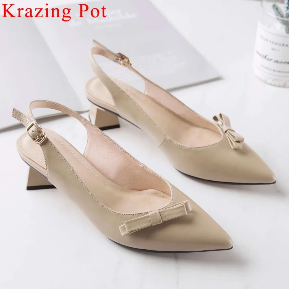 

British style oxford pointed toe slingback med strange heels butterfly-knot natural leather slip on party wedding cozy pumps L06