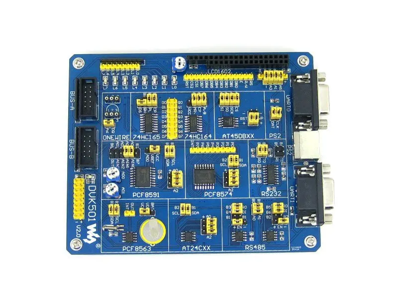 

ATMEL AVR Development Board Expansion board DVK501 MCU PCF8563 DS18B20 MAX3232 PS/2 MAX485 LED for AVR Atmega Series MCUs
