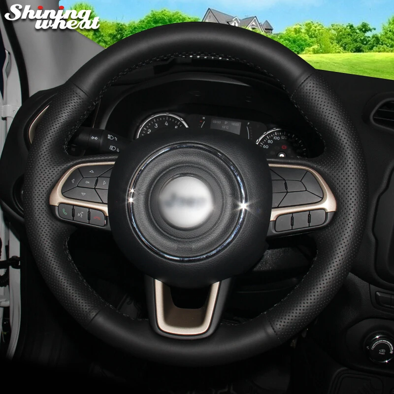 

Shining wheat Black Genuine Leather Car Steering Wheel Cover for Jeep Compass 2017 Renegade 2016-2017