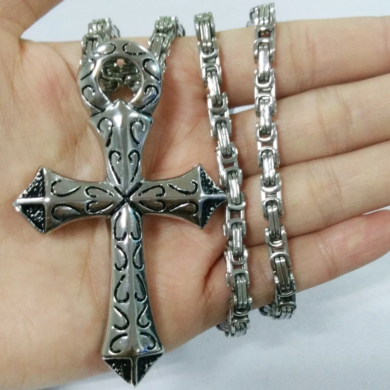 

High Qualiy 316L Stainless Steel Silver Color Cross Crucifix Byzantine Chain Men's Pendant Necklace 18-40" Xmas Gift