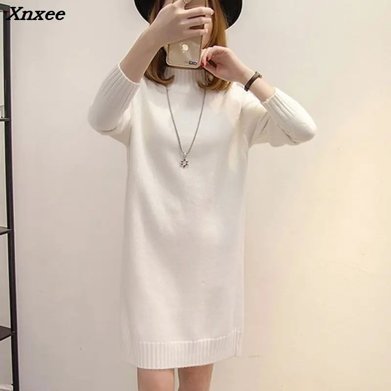 Autumn Winter Women Long Sweater 2018 New Loose Half Turtleneck Long Sleeve Knit Pullover Sweater Female Casual Large Size Xnxee
