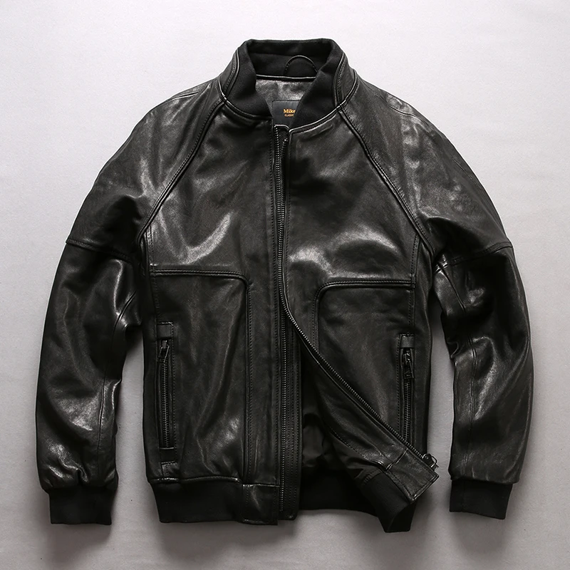 

2018 New Men Black Genuine Leather Jacket Vegetable tannin Sheepskin Black Casual Short Threaded sleeve Baseball Jackets
