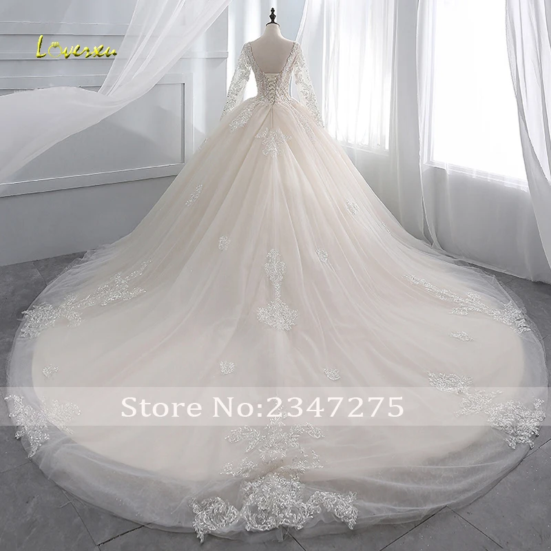 Loverxu Vestido De Noiva бальное платье с длинными рукавами Свадебные платья сексуальное глубокое круглое декольте Часовня Поезд аппликации свадебное платье с бисером