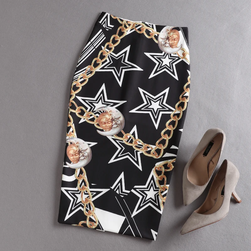 

women elegant moon star print pencil skirt High Waist