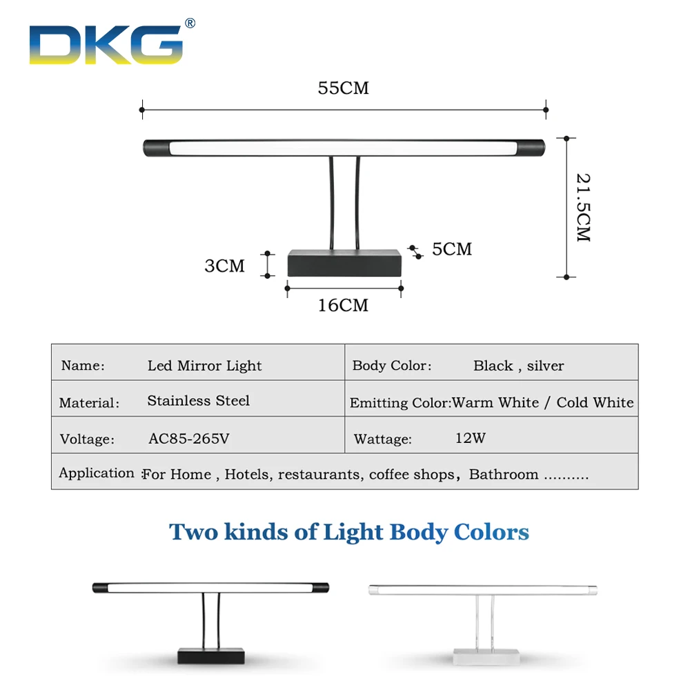 Светодиодный зеркальный светильник, настенный светильник для ванной комнаты, водонепроницаемый, 12 Вт, 90-260 В, черный, серебристый корпус, настенный светильник для ванной комнаты, светильник для туалетного столика