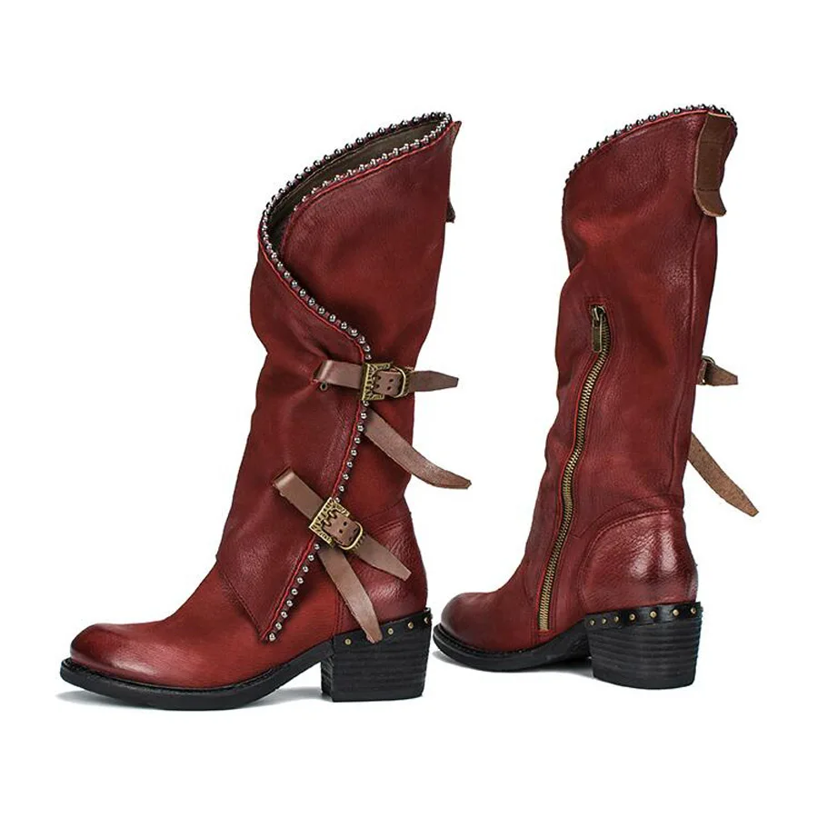 Plush Decor Red Zipper wine Tun Wade Metall Prova Schnalle In Leather Leder Perfetto Echtem Mitte Ritter black Alt In Stiefel Perlen Black Frauen Seite In Martin 7wOq1wSfx
