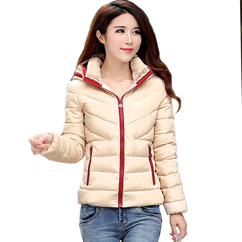 Autumn Winter Women's Hooded Down Cotton Jacket with Slim Fit and Pockets - Solid Color Warm Short Coat image 3