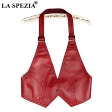 LA SPEZIA Women Red Vest Halterneck Genuine Leather Waistcoat Female Sheepskin OL Adjustable Ladies Spring Sleeveless Jackets