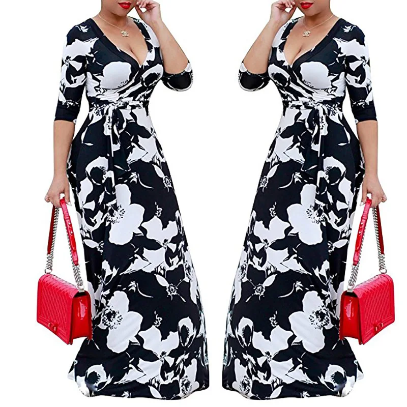 Женское платье с коротким рукавом, цветочный принт, длинное платье макси с поясом, глубокий v-образный вырез,, летнее пляжное платье размера плюс 3XL 4XL 5XL