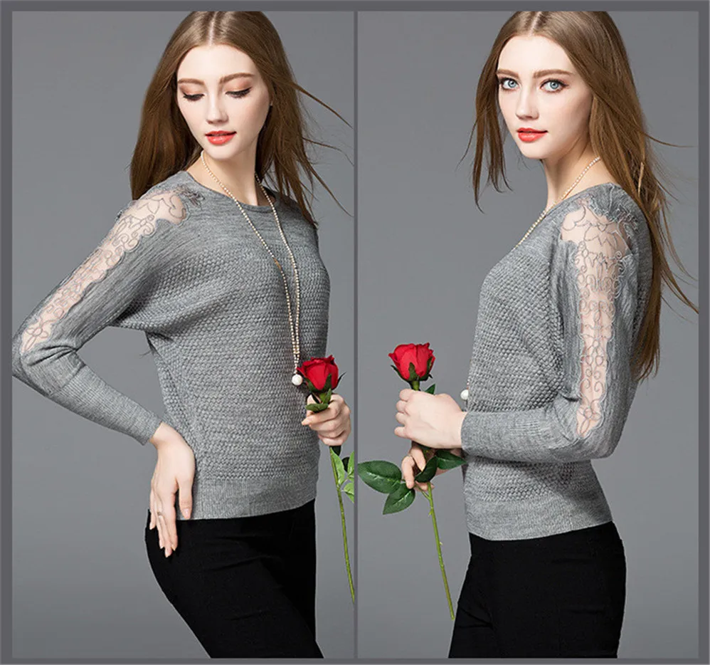 Autumn Lace sleeve Sweater T shirt for women 2017 knitted pullover sweater T shirt Women winter warm knitting sweater shirt (4)