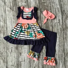 Bébé filles D’été printemps vêtements filles vêtements enfants floral stripe tenues à volants capri tenues avec bandeau assorti