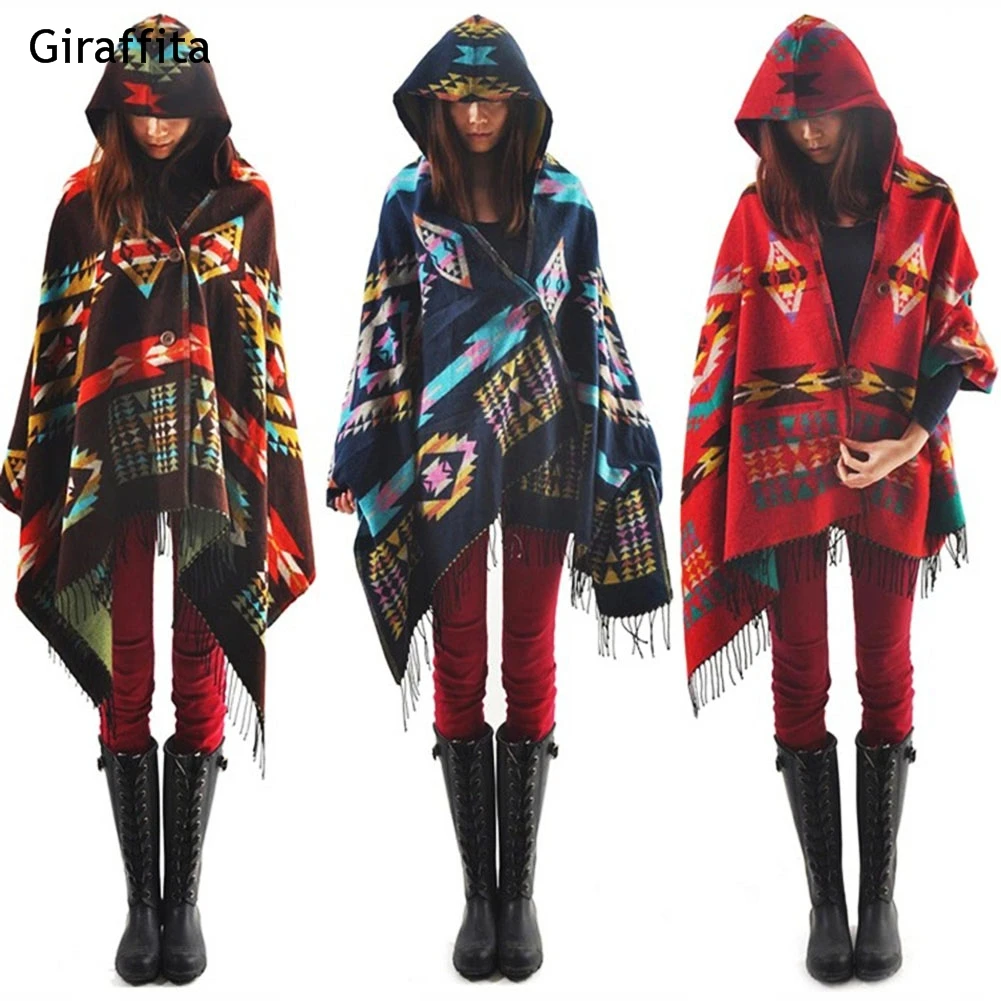 

National Wind Hooded Cape Cloak Thick Summer Air Conditioning Fringed Shawl Long Large Warm Scarf