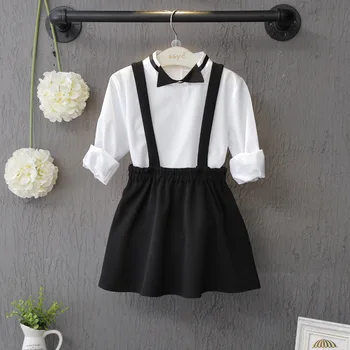 

Autumn season Korean girl butterfly collar long sleeve shirt + strap skirt two-pieces suit baby girls clothing sets for kids