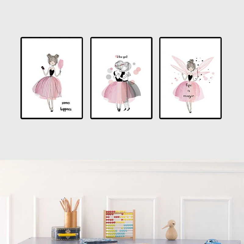 

Nordic Ins Pink Princess Art Canvas Painting Posters Cartoon Girls Prints Wall Pictures For Kids Room Home Decor No Frame TB021