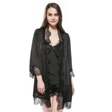 Женская летняя обувь, 3 предмета, комплект одежды для сна silklike Пижама женская сексуальная атласная Женская пижама с кружевом одежда для сна Длинные рукава халаты камзол шорты Домашняя одежда