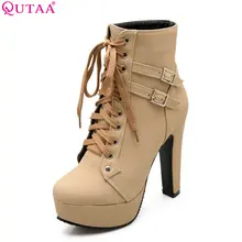 QUTAA/ женские ботильоны Универсальные женские мотоциклетные ботильоны на высоком квадратном каблуке, с круглым носком, на шнуровке, с пряжкой размеры 34-43