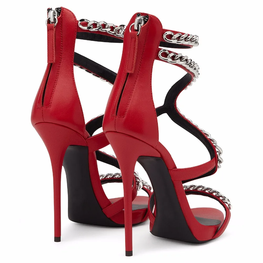 Женские пикантные Красные босоножки на высоком каблуке с цепочкой; черные босоножки с ремешками на очень высоких каблуках; женские белые летние вечерние модельные туфли на шпильке