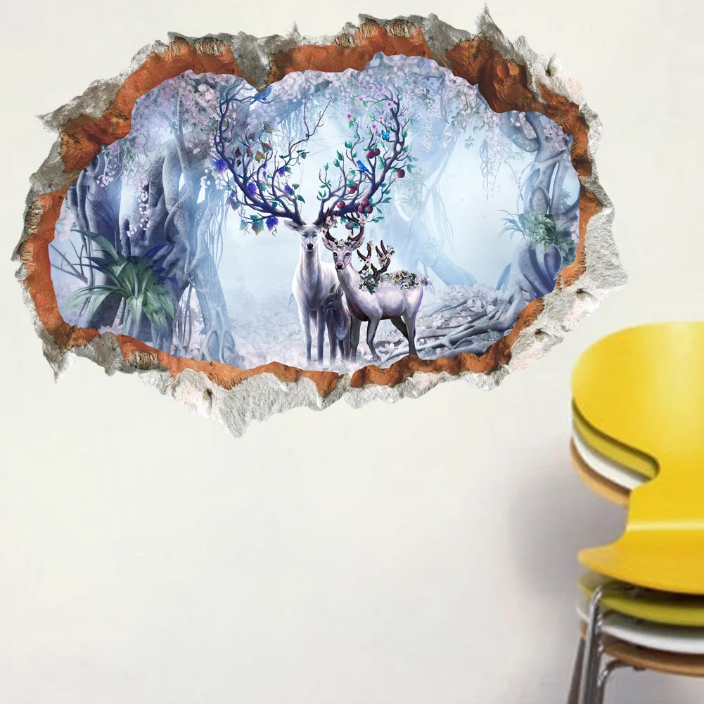 Лесной Олень 3D наклейки на стену осень зима Пейзаж Плакат Животные наклейки на стену для детской комнаты спальня виниловые наклейки домашний декор