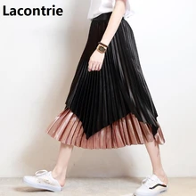 Lacontrie Весна Для женщин Повседневное Лоскутная юбка модные бархатные нерегулярные плиссированные юбки Steetwear эластичные до середины икры юбки T205