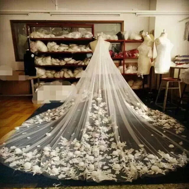 1 шин 3 м цвета слоновой кости/Белый фаты и Свадебные вуали с 3D Цветы Тюль Соборные Свадебные вуали Длинные свадебные аксессуары на заказ