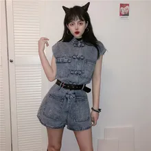 Джинсовый короткий комбинезон без рукавов шорты женские традиционные пояс на пуговицах