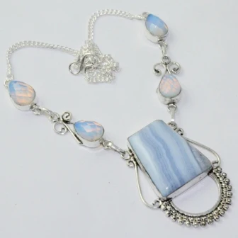

Blue Lace Agates & Fire Opal Necklace Silver Overlay over Copper, 48 cm, N1870