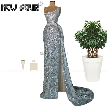 

Sparkly One Shoulder Sexy Evening Dresses High Slit Glitter Prom Dress Vestido De festa 2019 Arabic Dubai Islamic Party Gowns