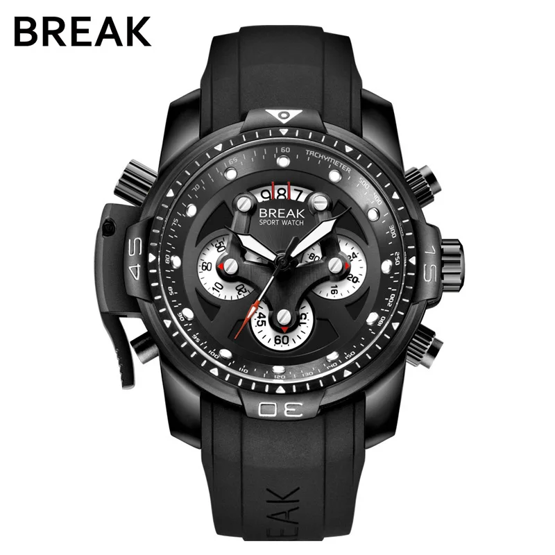 BREAK Дизайнерские мужские Модные Военные Спортивные часы с резиновым ремешком, Кварцевые водонепроницаемые часы с хронографом, роскошные Брендовые мужские наручные часы - Цвет: 5601-RUB-BK