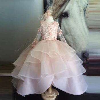 

Ruffles Kids Formal Wear Gowns Girls Pageant Dresses Blush Pink Flower Girl Dresses Long Sleeves Hand Made vestido daminha