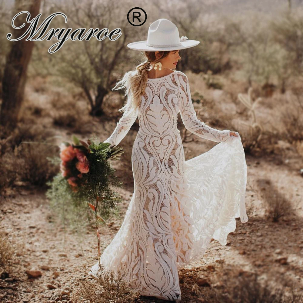 

Mryarce 2019 Unique Bride Bohemian Wedding Dress Full lace Open Back Long Sleeves Boho Chic Modern Bridal Gowns