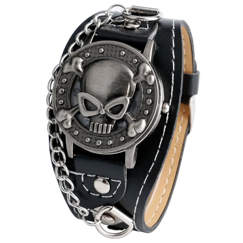 

Fashion Mens Wrist Watch Cool Skull Shape Black Leather Band Strap Girl Boy's Quartz Watches Chain Modern Gift relogio masculino