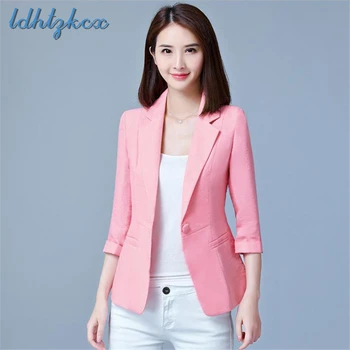 

Solid Color Large Size Blazers Short Coat Women 2018 Spring-autumn New Office Lady Pockets Single Button Pink Suit Feminine L206