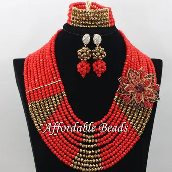 

Red Coffee African Wedding Beads Jewelry Set Rare Dubai Gold Jewelry Set Handmade Design Wholesale Free Shipping ABE126