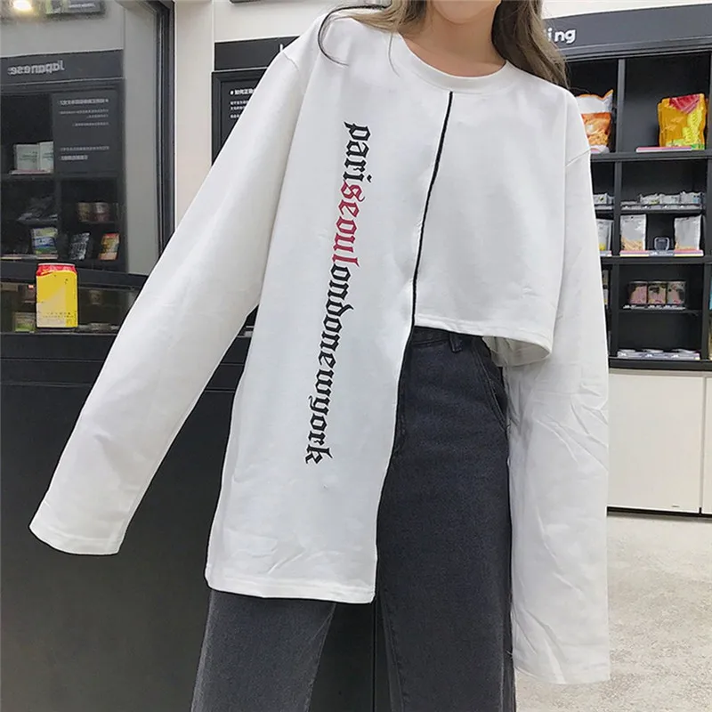 Replicaguccihandbags 買取 スタイリッシュな不規則な裾女の子 Tシャツ原宿女性パーカープルオーバ ーフリースゆるいカジュアルラウンドネックスウェットシャツ 通販 価格