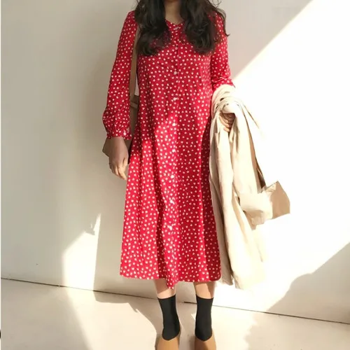

Spring Summer Women Dress Polka Dot Chic Character Romantic Back Front Punchline V-neck Long Dress Button Sashes Red Vestidos