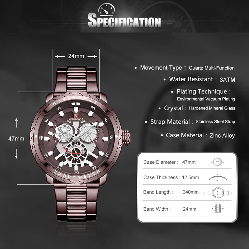 NAVIFORCE часы стальной ремешок мужские водонепроницаемые спортивные кварцевые