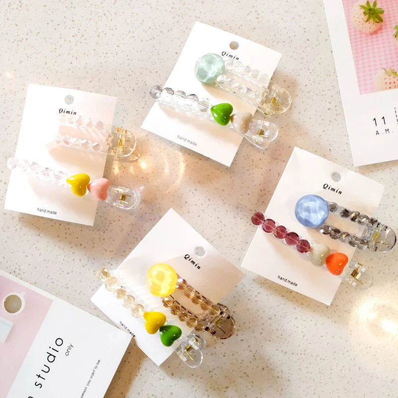 

New 2Pcs/Set High Quality Woman Girls Dreamy Transparent Crystal Beads Hairpins Heart Shape Geometric Hair Styling Accessories