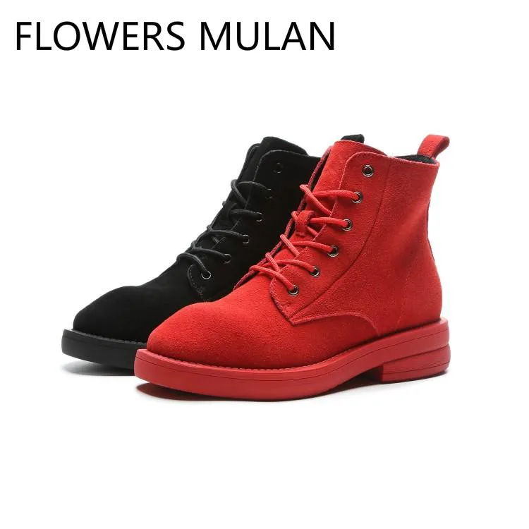 

Red Black Suede Ankle Boots For Women Round Toe Rubber Non-Slip Martin Boots Cross Tied Lace Up Shoes Woman Trainers Footwear