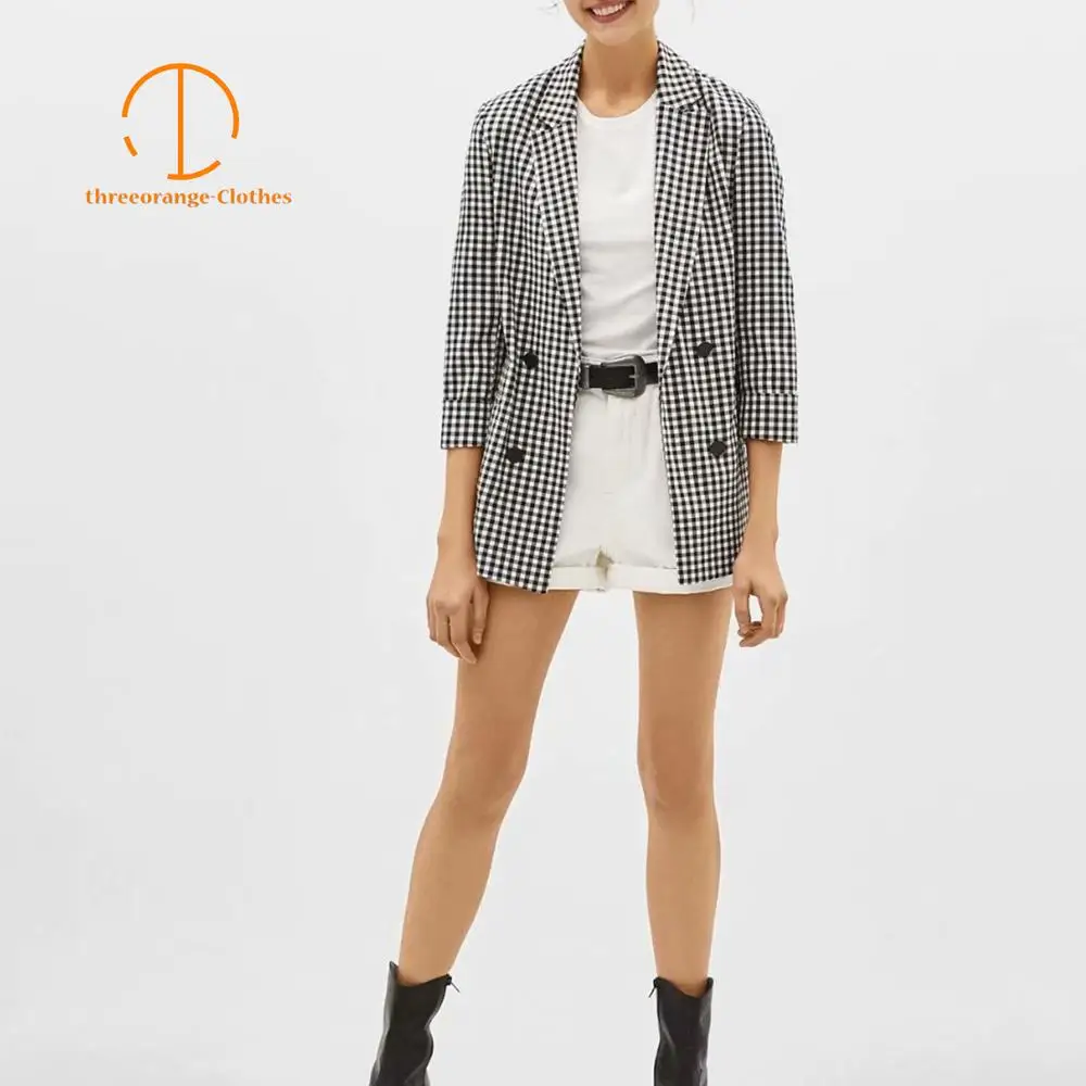 

New Autumn black White plaid casual Blazer women double-breasted office lady Elegant stylish easy-matching suit long coat blazer